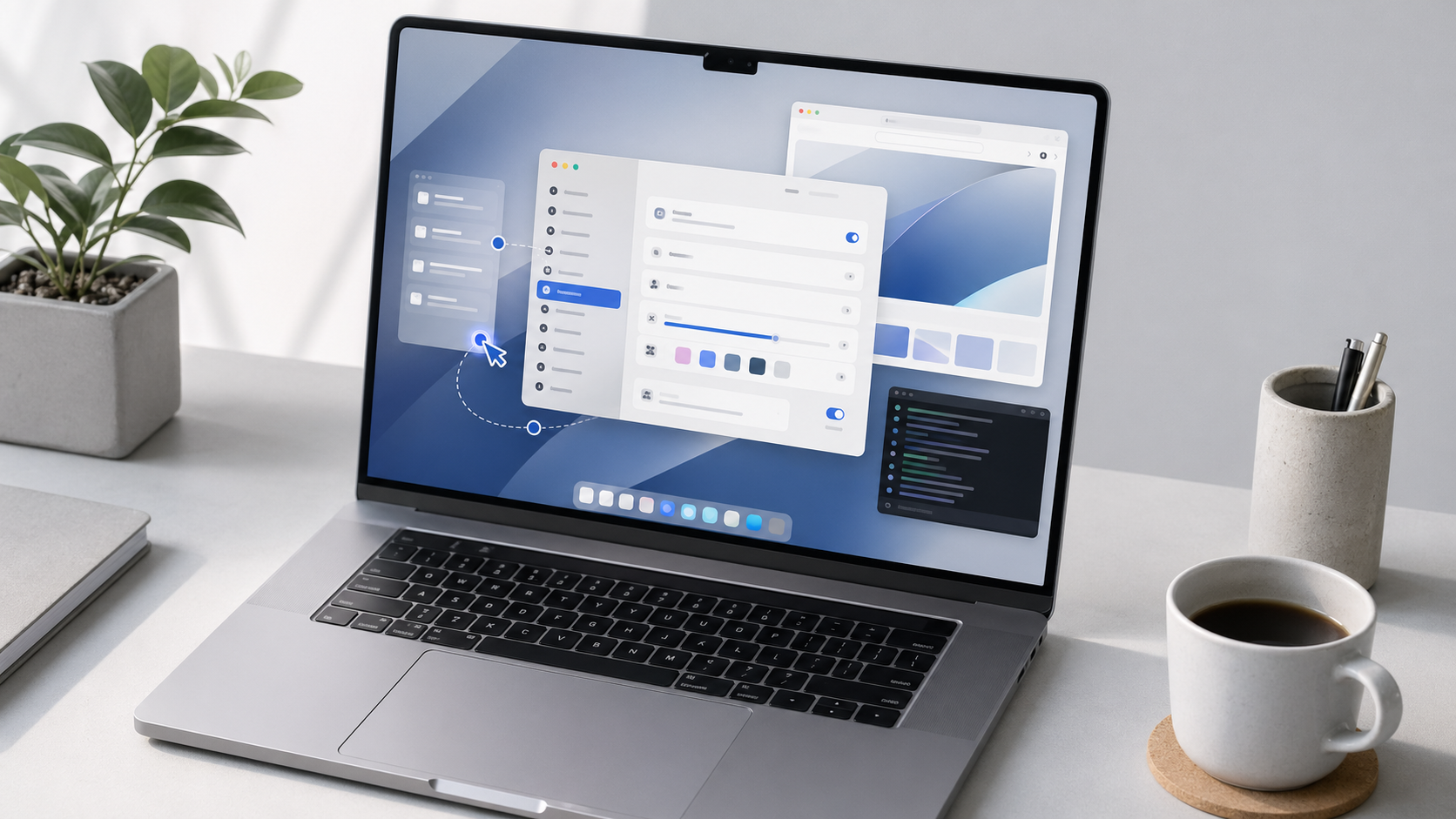 맥 화면에서 AI가 시스템 설정과 브라우저 작업을 함께 확인하는 Codex Computer Use 콘셉트 이미지