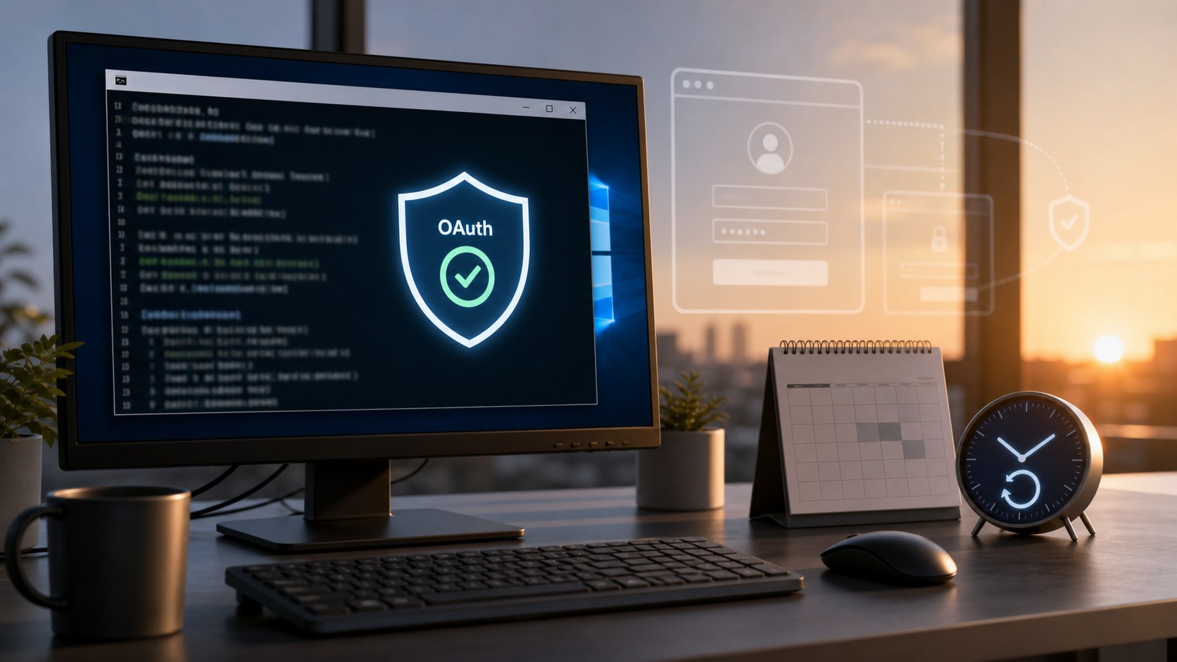Gemini CLI OAuth 크론 점검을 표현한 데스크 화면